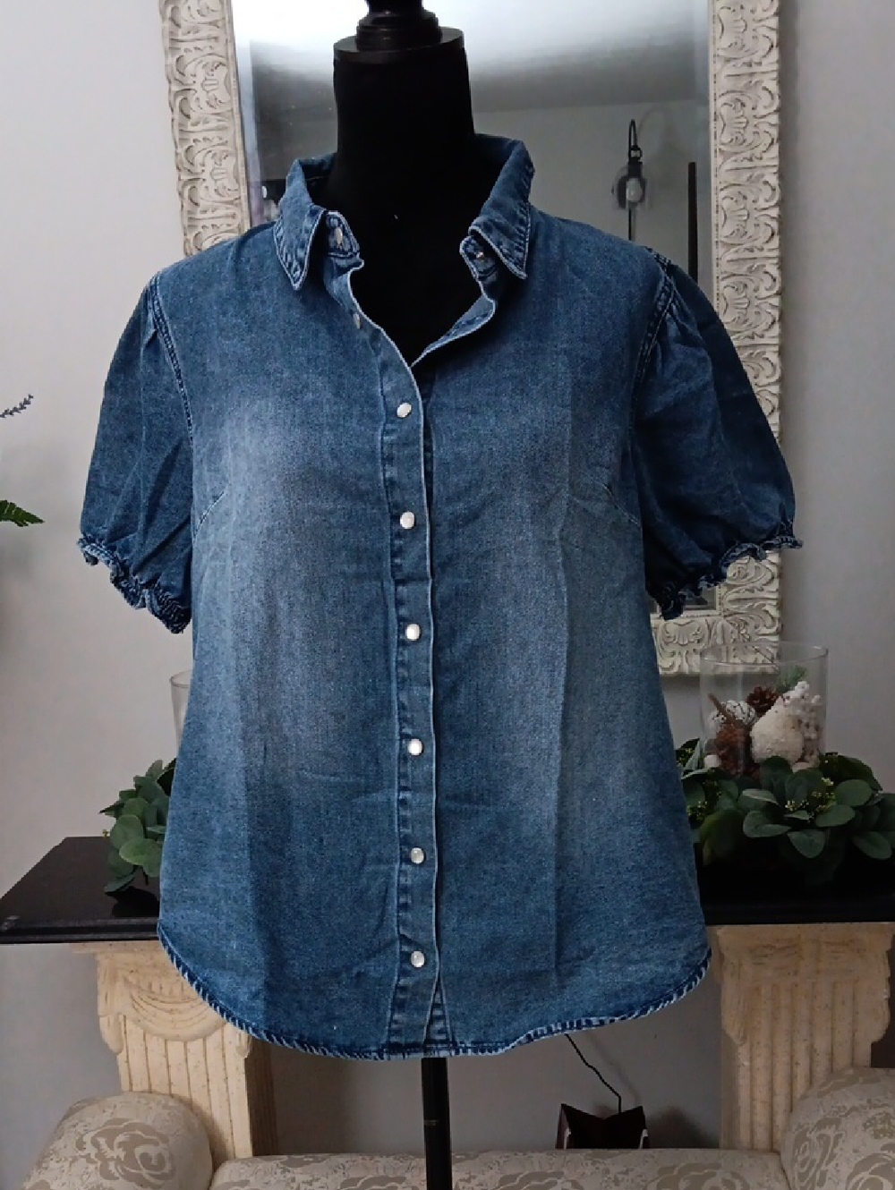 Denim Short Sleeve Button-Up Shirt - Blue